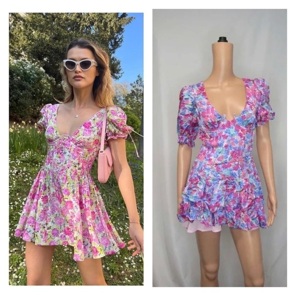 NWT FOR LOVE AND LEMONS Angie Puff Sleeve Corset Mini Dress Pink Floral Small - Picture 1 of 13